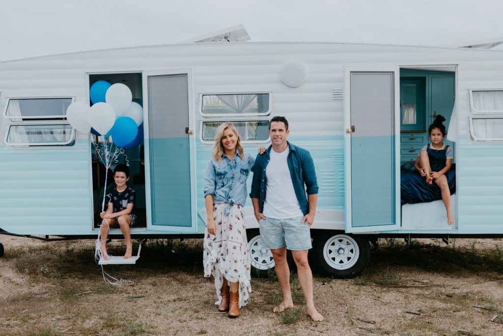 The Block’s Michael and Carlene of Cedar and Suede exhibiting next to their vintage caravan Dolly